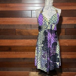 No Brand Tag V Neck Purple and Green Floral Sleeveless Midi Dress